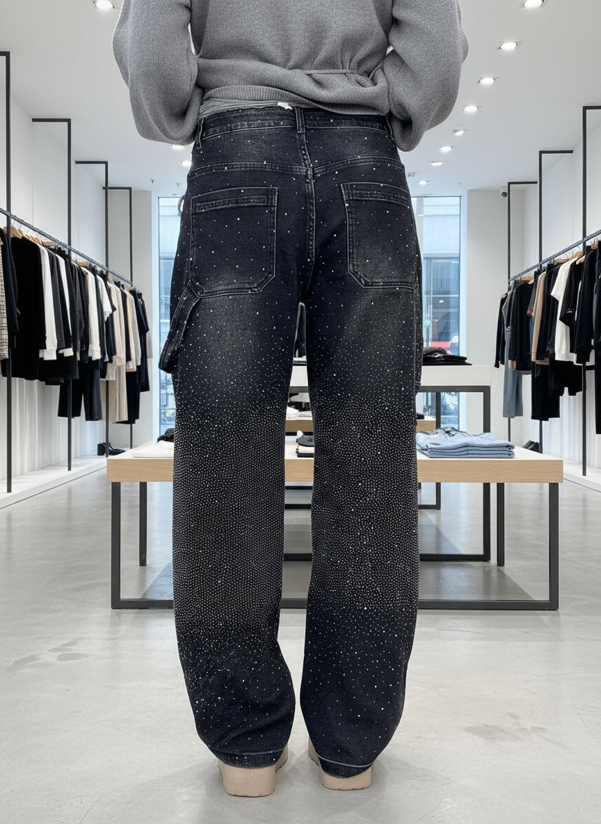 Jeans Anchos Con Brillantes