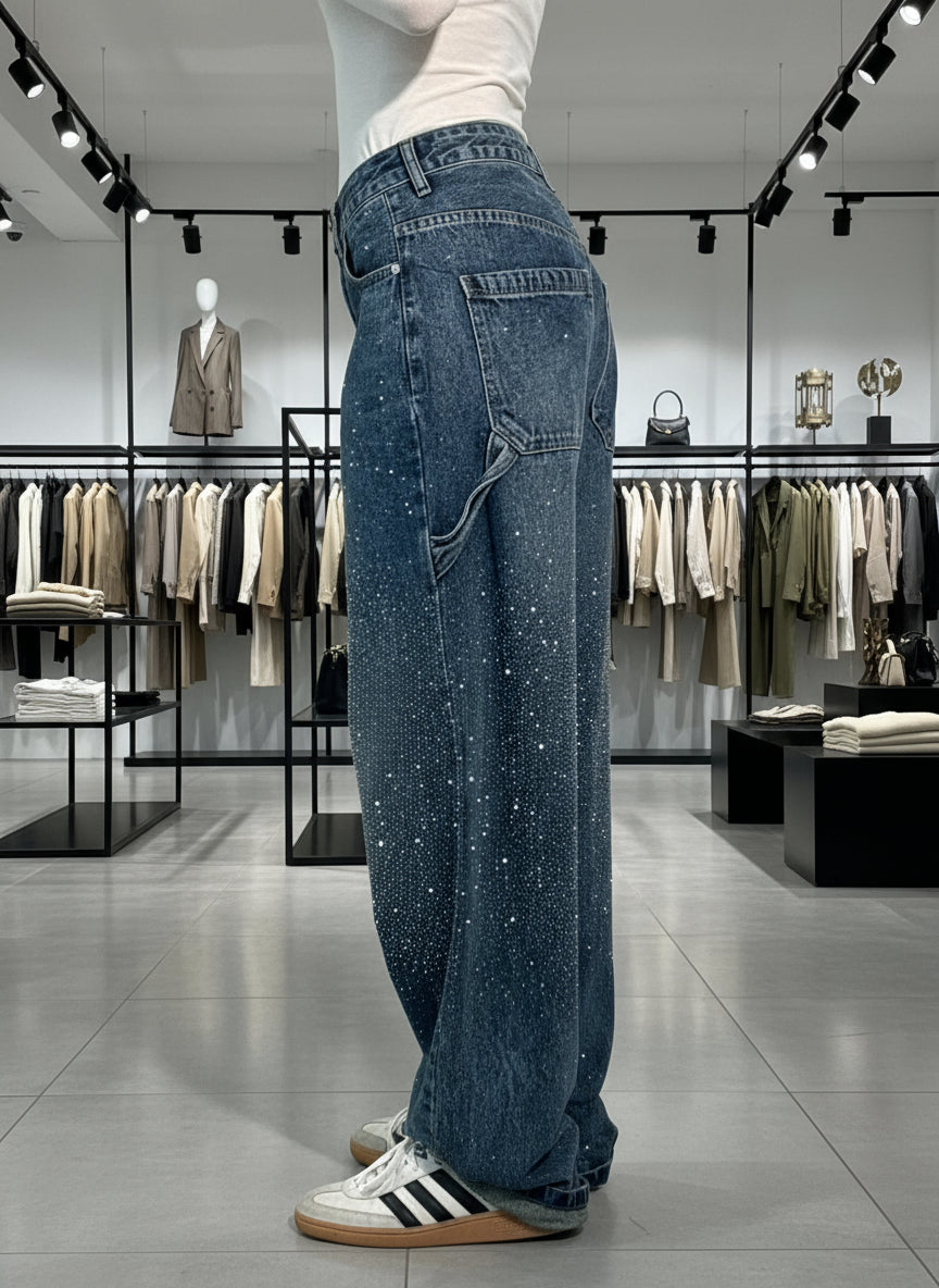 Jeans Anchos Con Brillantes