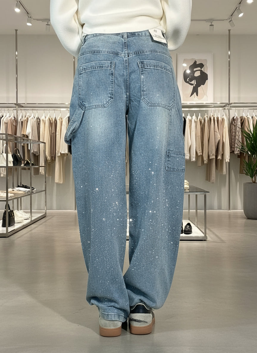 Jeans Anchos Con Brillantes