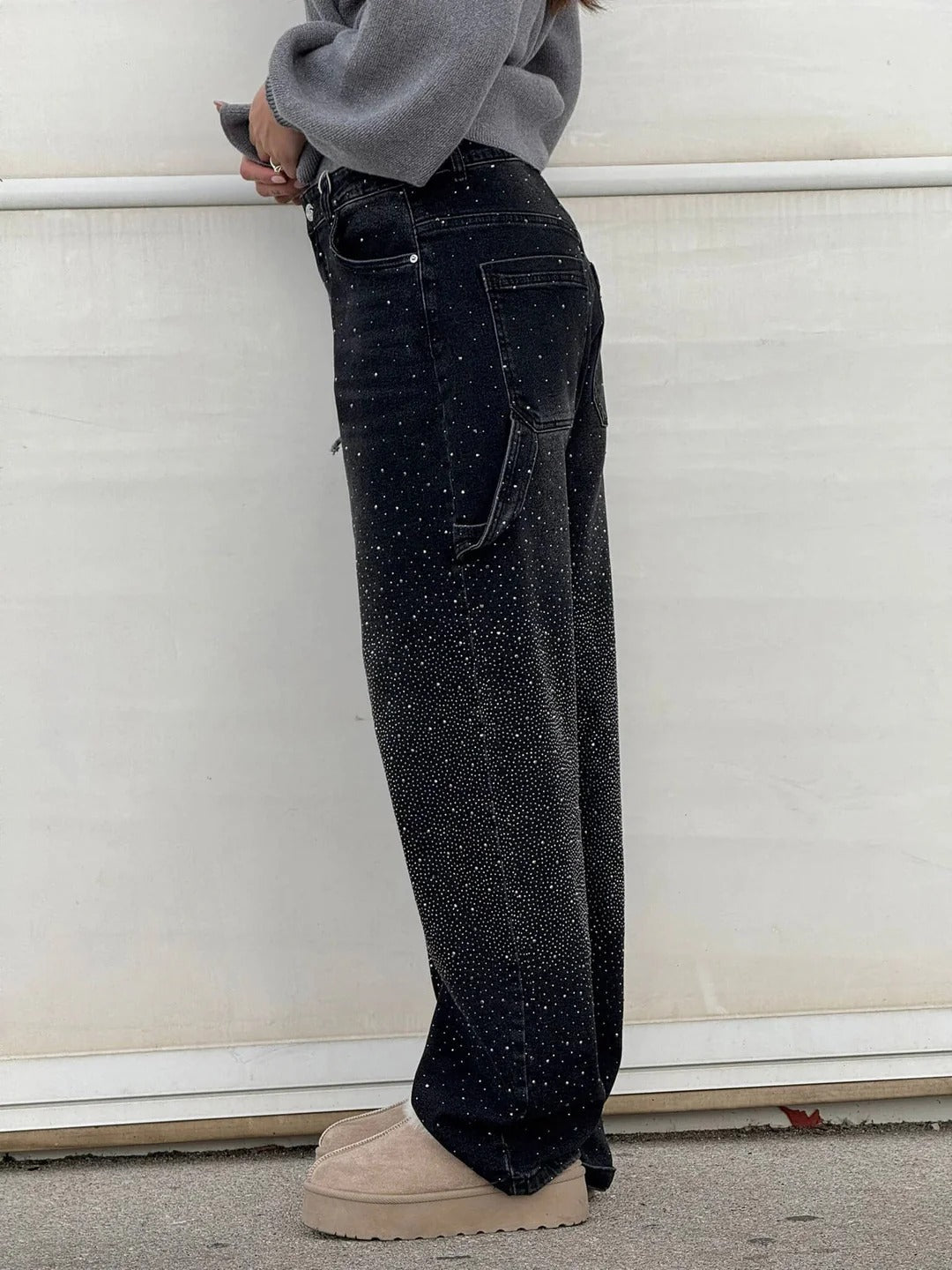 Jeans Anchos Con Brillantes