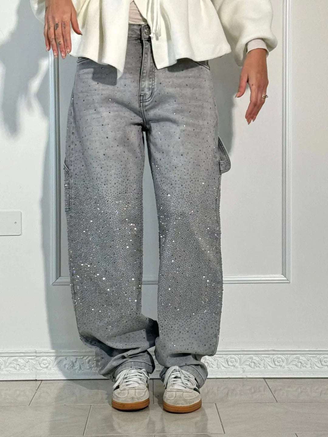 Jeans Anchos Con Brillantes